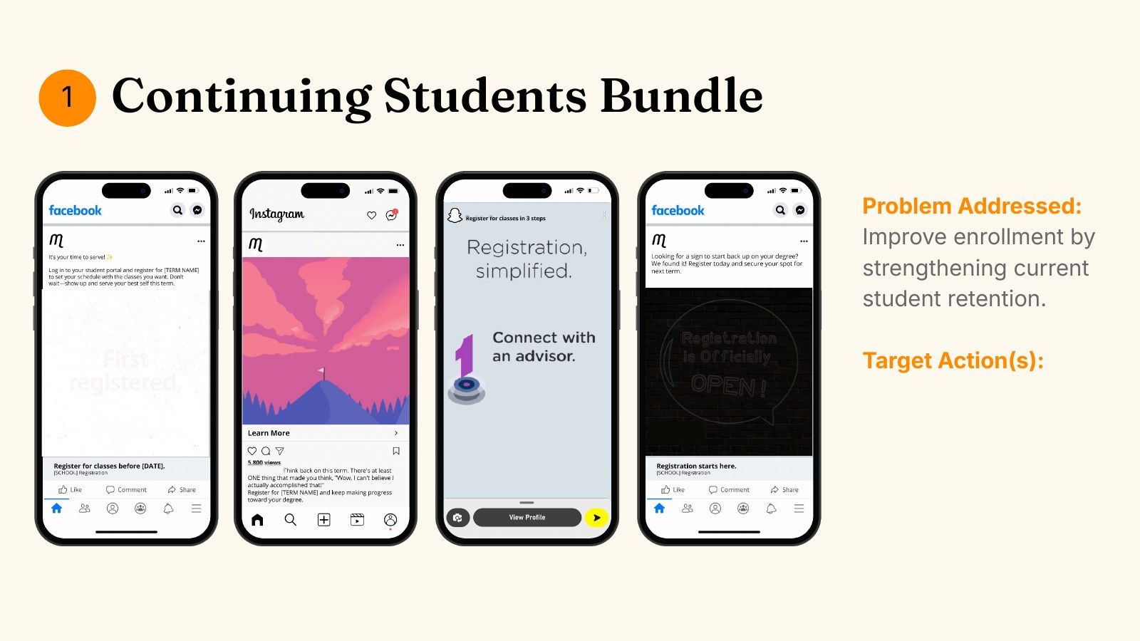 Continuing students bundle: four social ads in phone frames.