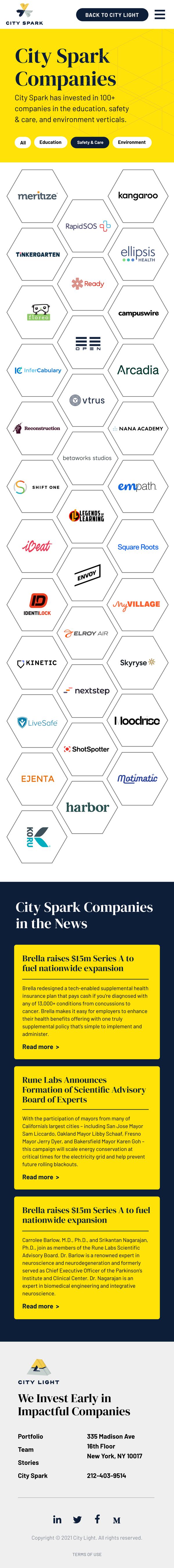 The City Spark companies page on a phone: more than a hundred portfolio companies in a hexagon grid, filtered by sector