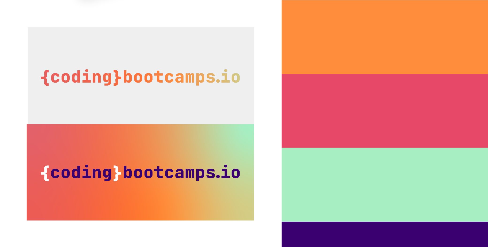 The Coding Bootcamps wordmark on white and on the gradient, beside its palette