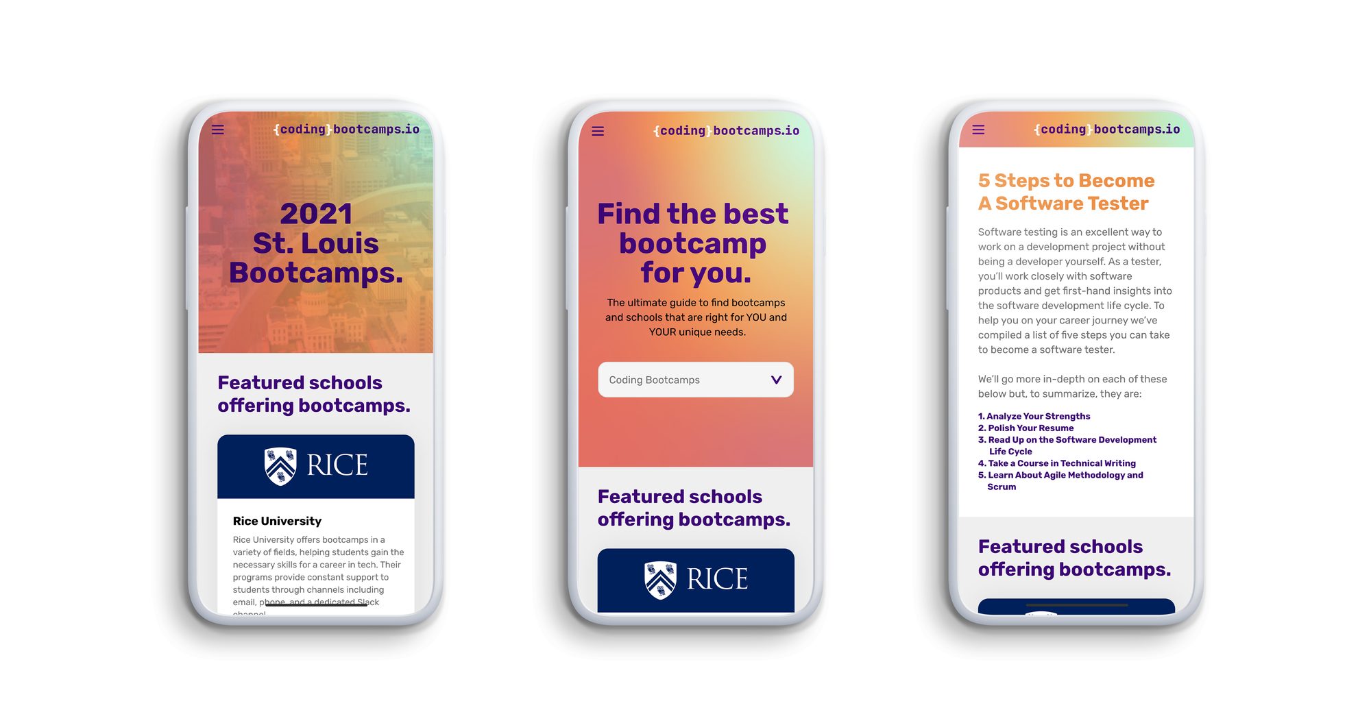 Three Coding Bootcamps pages on phones