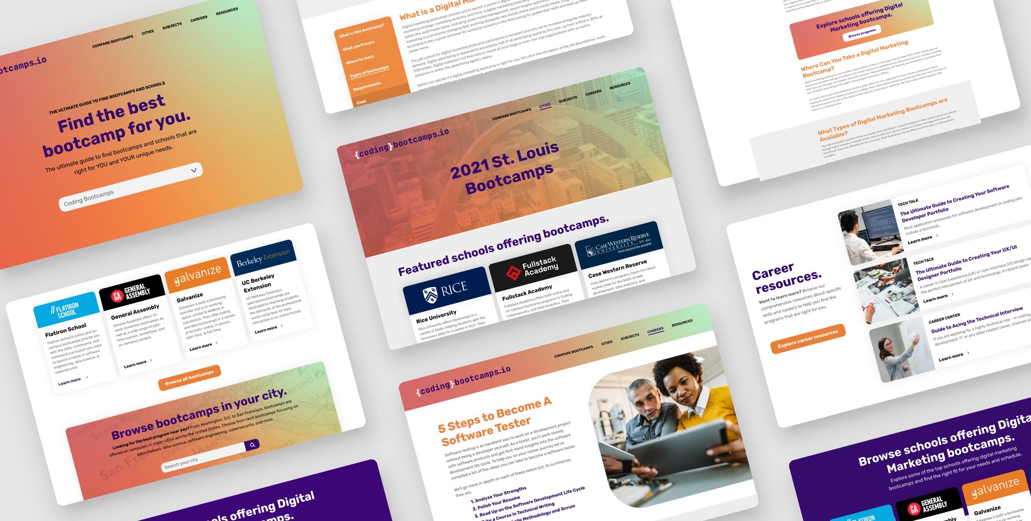 Pages from the Coding Bootcamps website, laid out together
