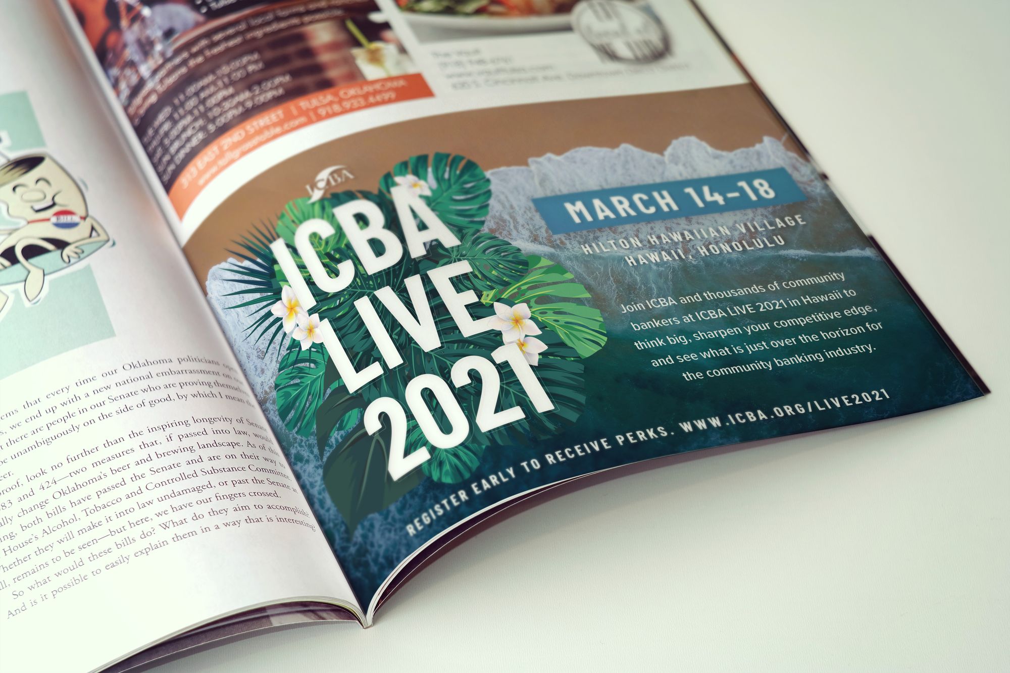 Half-page ICBA LIVE 2021 ad in a magazine