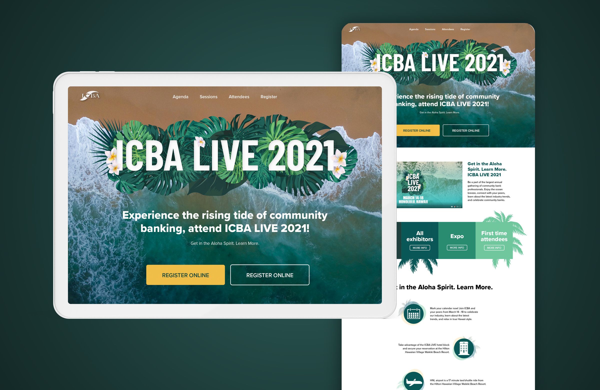 The ICBA LIVE 2021 website on a tablet and a phone: experience the rising tide of community banking
