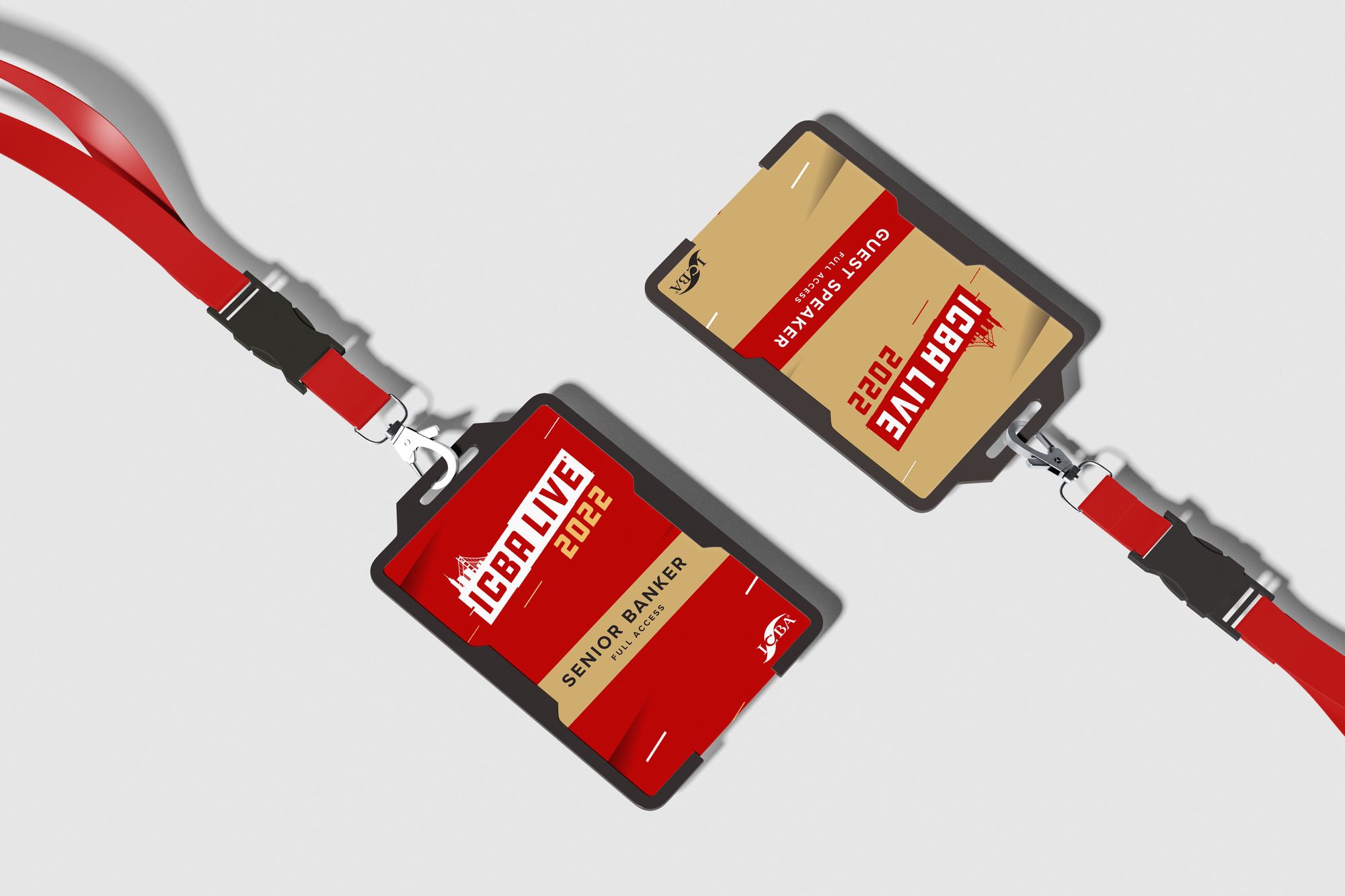 ICBA LIVE 2022 badges on red lanyards