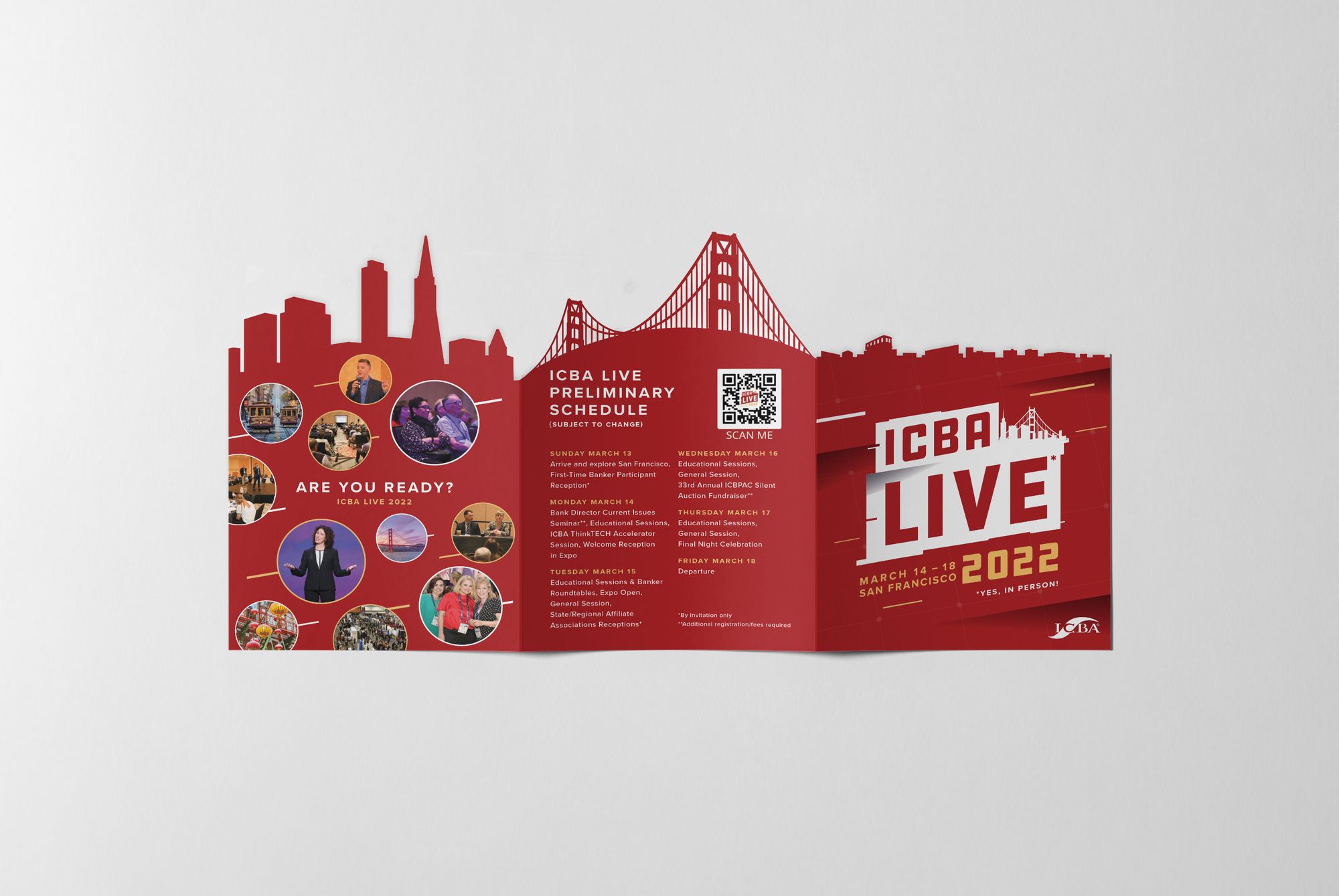 The ICBA LIVE 2022 mailer opened flat, with the San Francisco skyline cut into its top edge