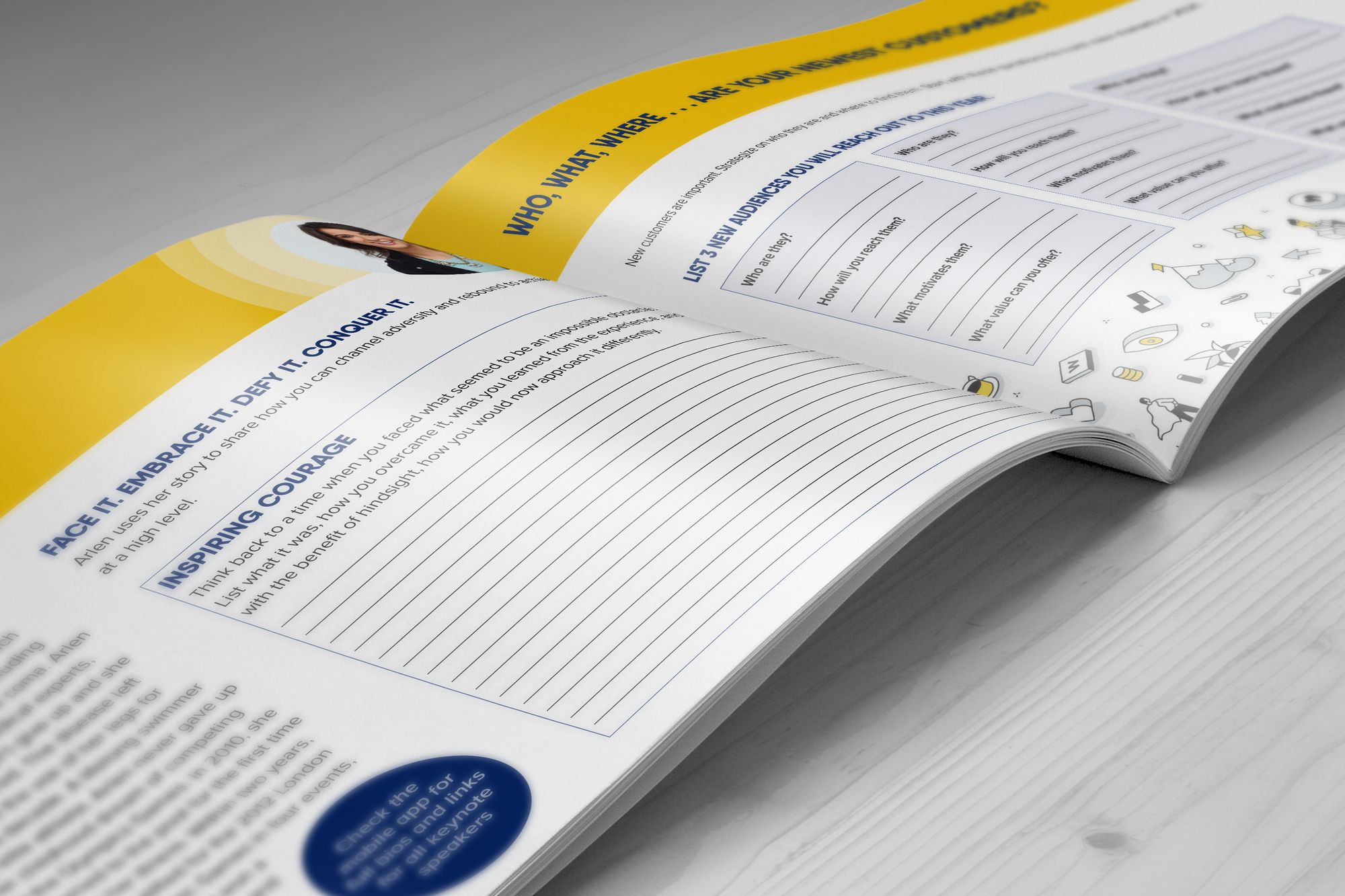 An open spread of the ICBA Connect guidebook with worksheet pages