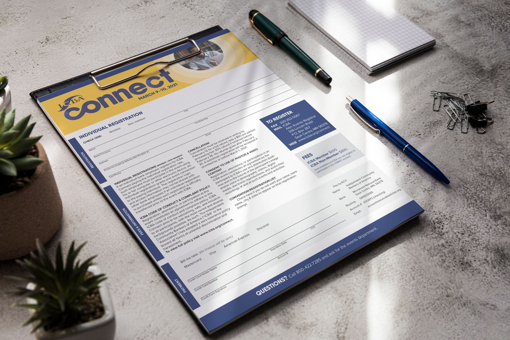The ICBA Connect registration form on a clipboard