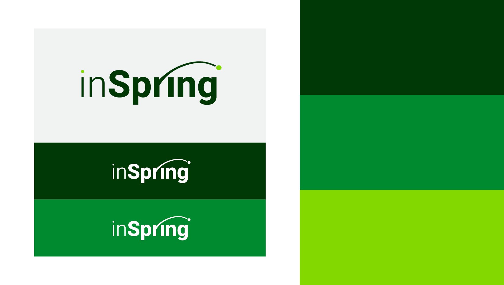 The inSpring wordmark on light grey, dark green and green, beside its palette of dark green, green and lime