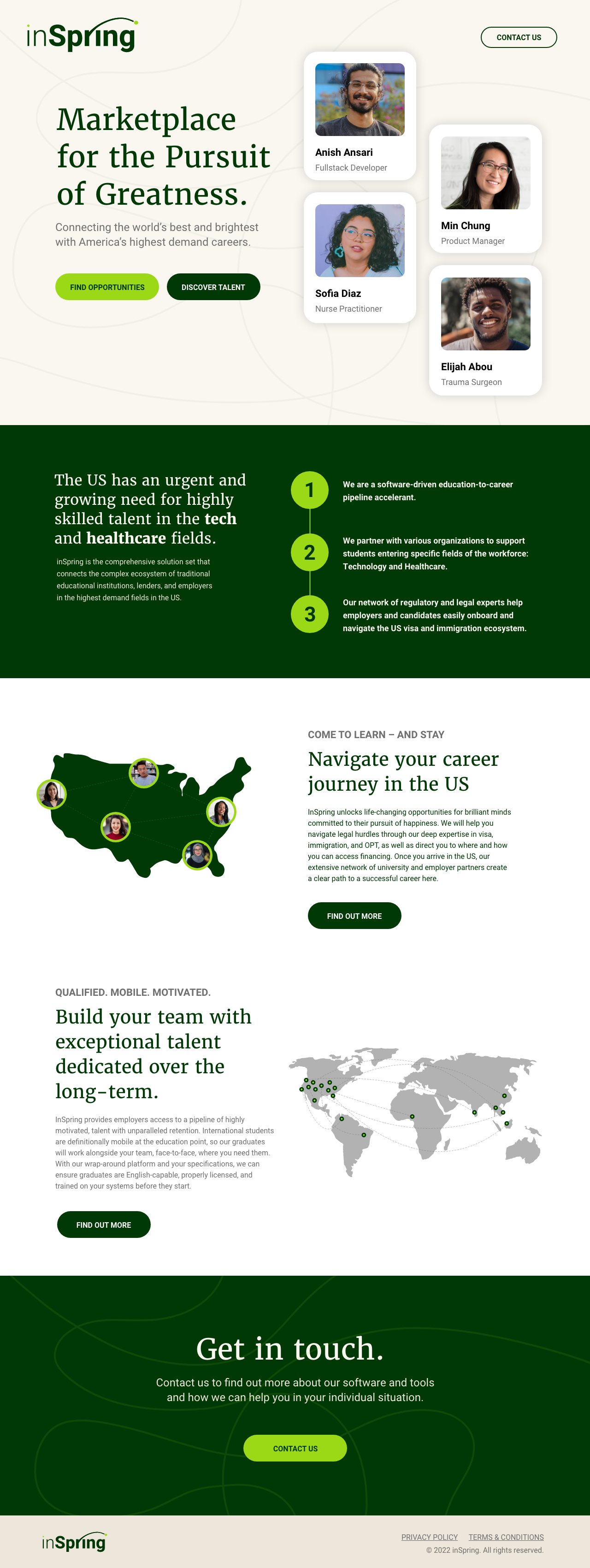 The inSpring home page: marketplace for the pursuit of greatness, the talent, the pipeline in three steps, a section for candidates and one for employers