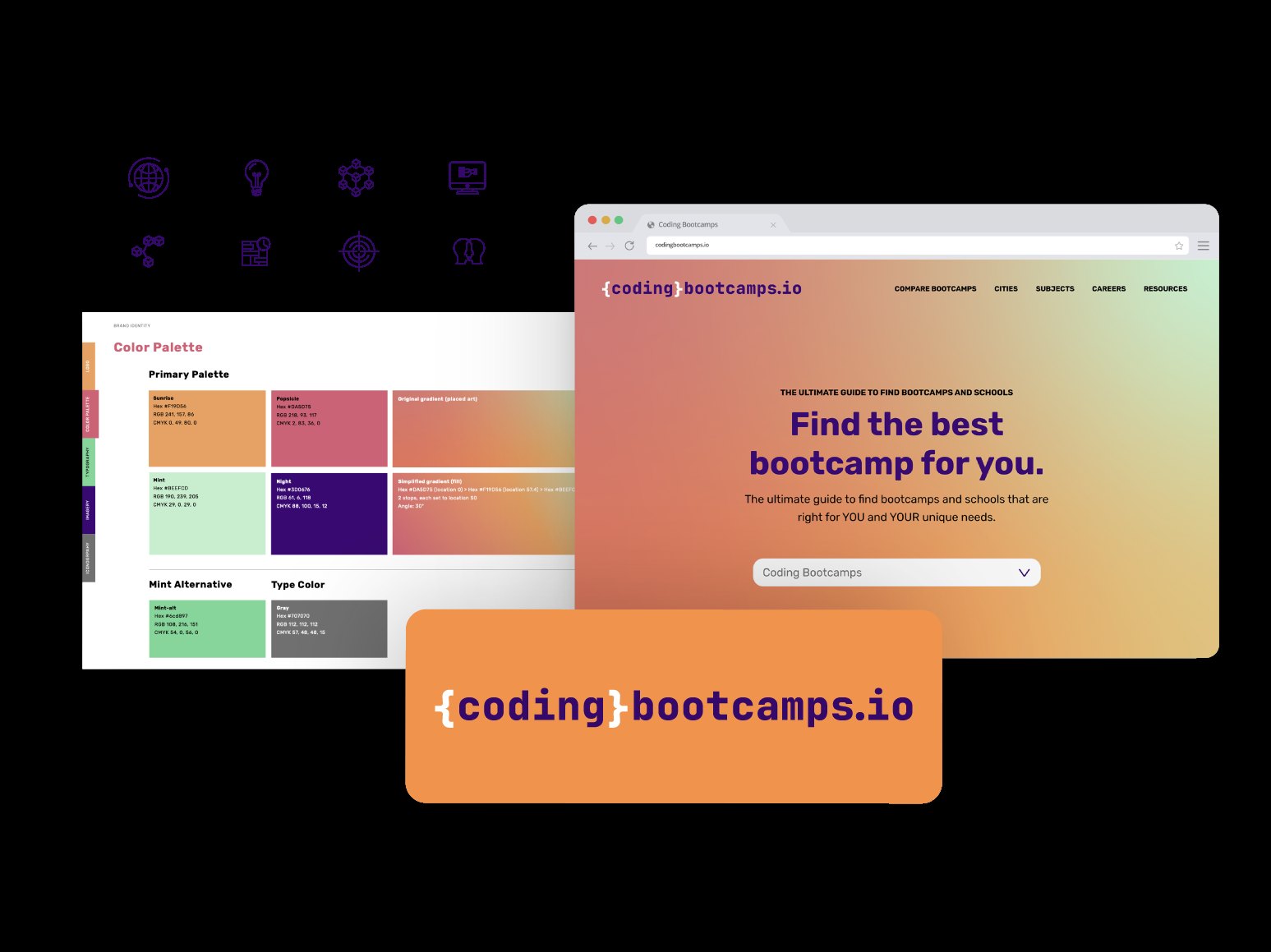 Coding Bootcamps color palette, icons and home page