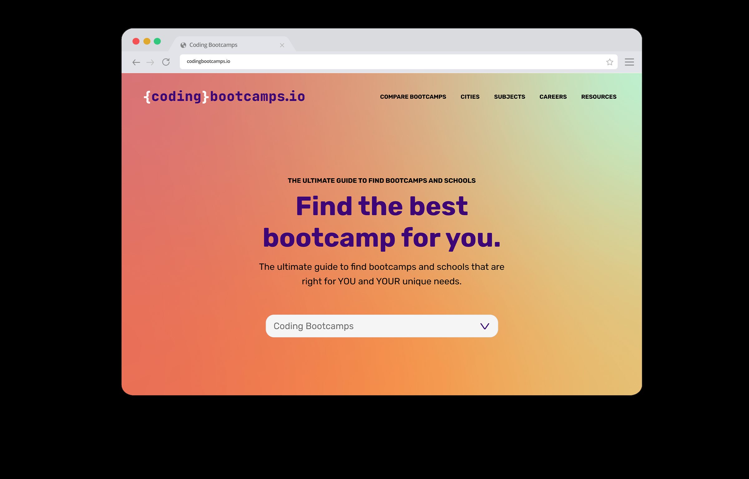Coding Bootcamps: the site in a browser, find the best bootcamp for you, with the wordmark