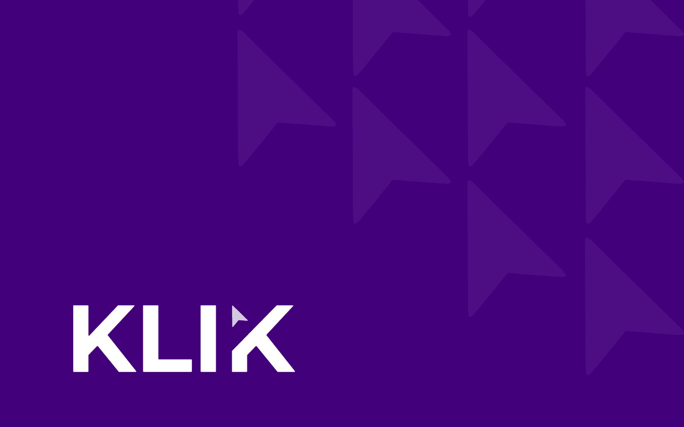 The KLIK logo in white on its purple, over the cursor pattern