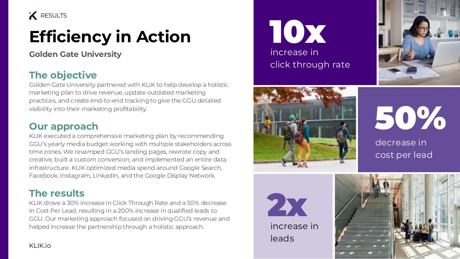 Investor deck: efficiency in action, Golden Gate University, 10x increase in click-through rate
