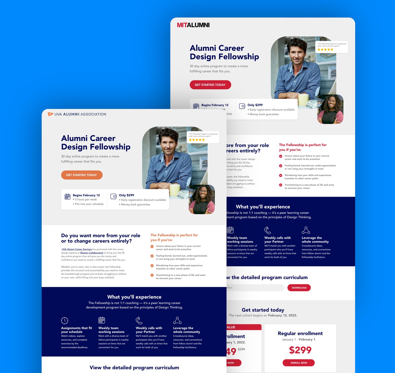 Mission Collaborative landing pages for the MIT Alumni and UVA Alumni career design fellowships