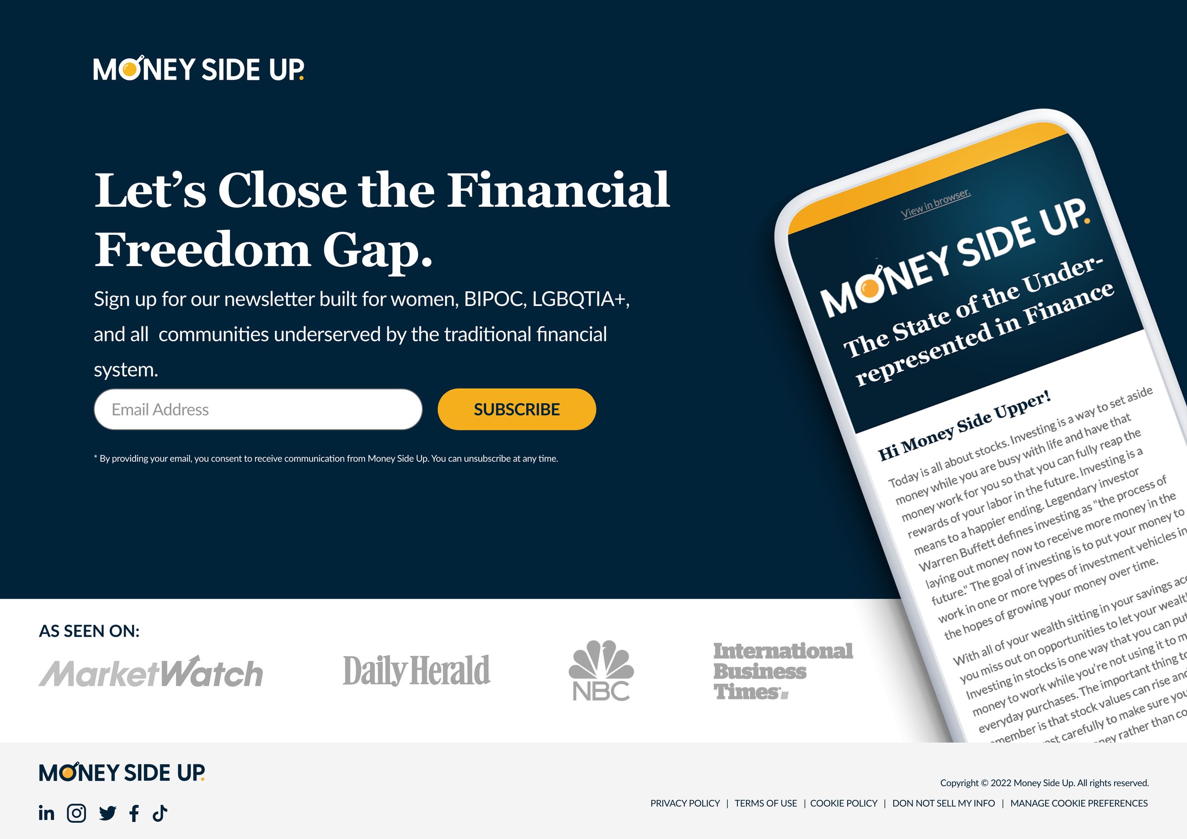 Money Side Up: let’s close the financial freedom gap, with the newsletter on a phone