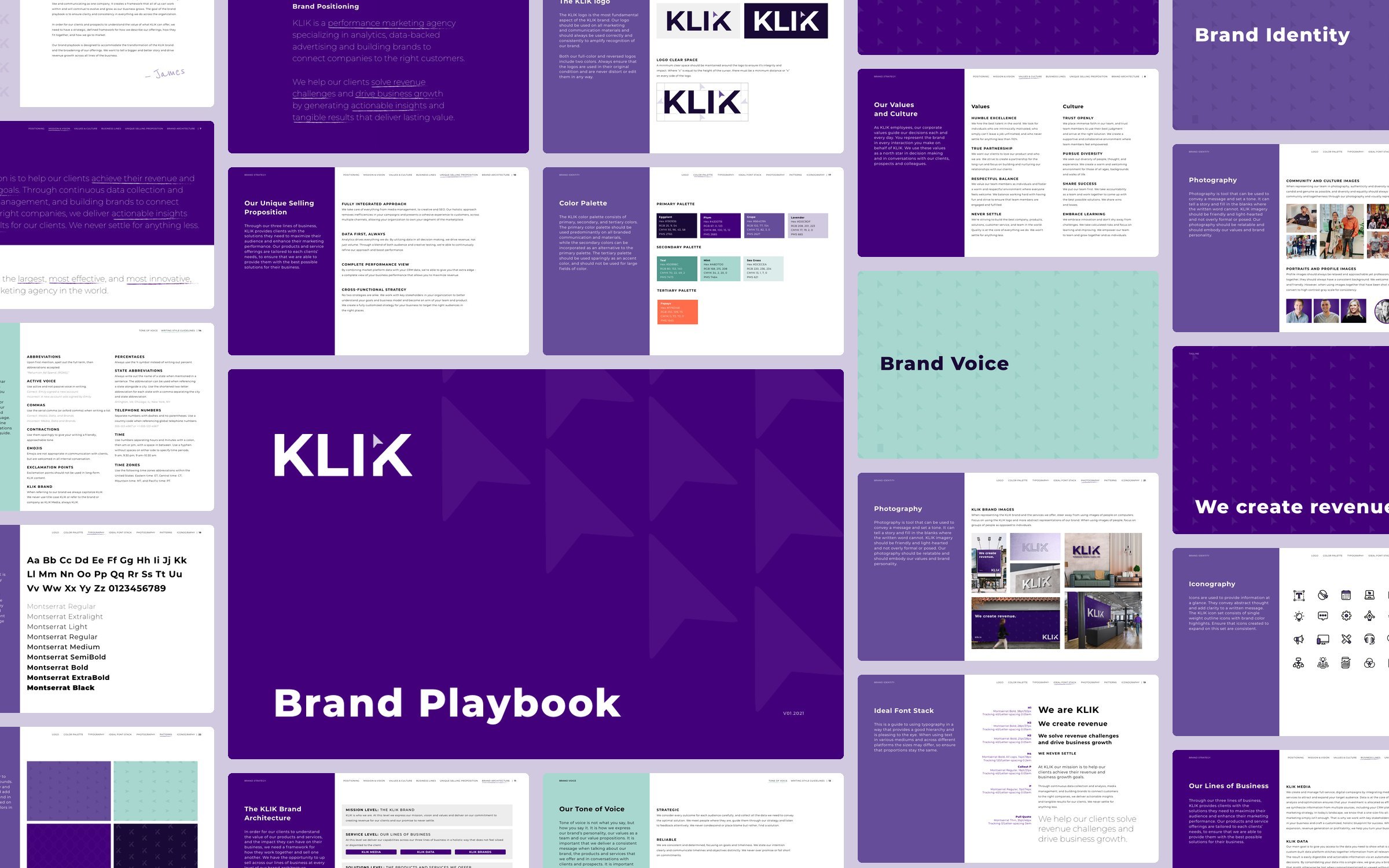 Pages from the KLIK brand playbook laid out together around its cover