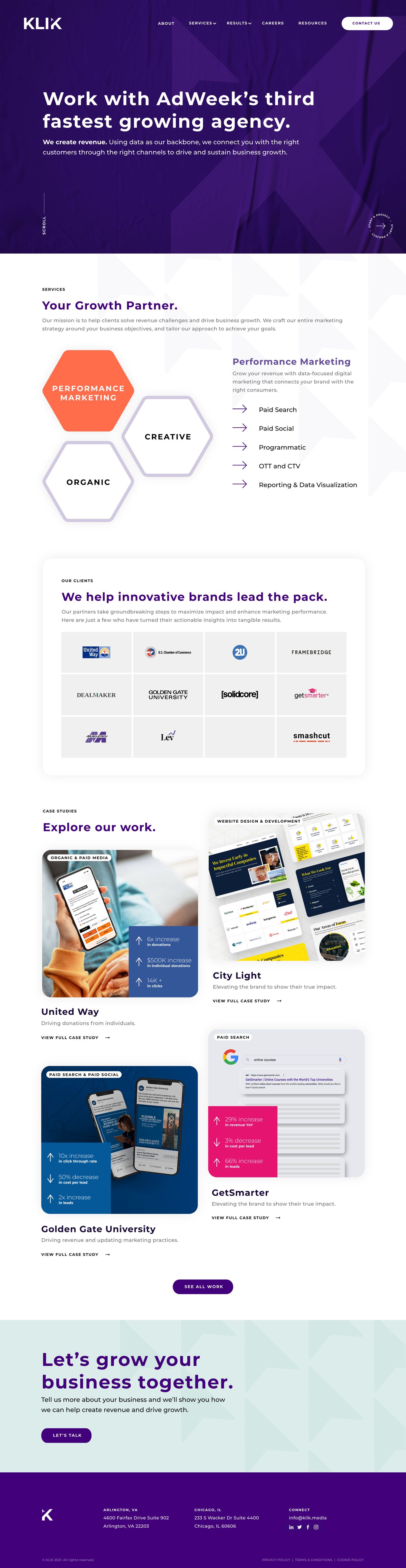 The KLIK home page: work with Adweek’s third fastest-growing agency, the services in three hexagons, the clients, case studies and a call to grow together