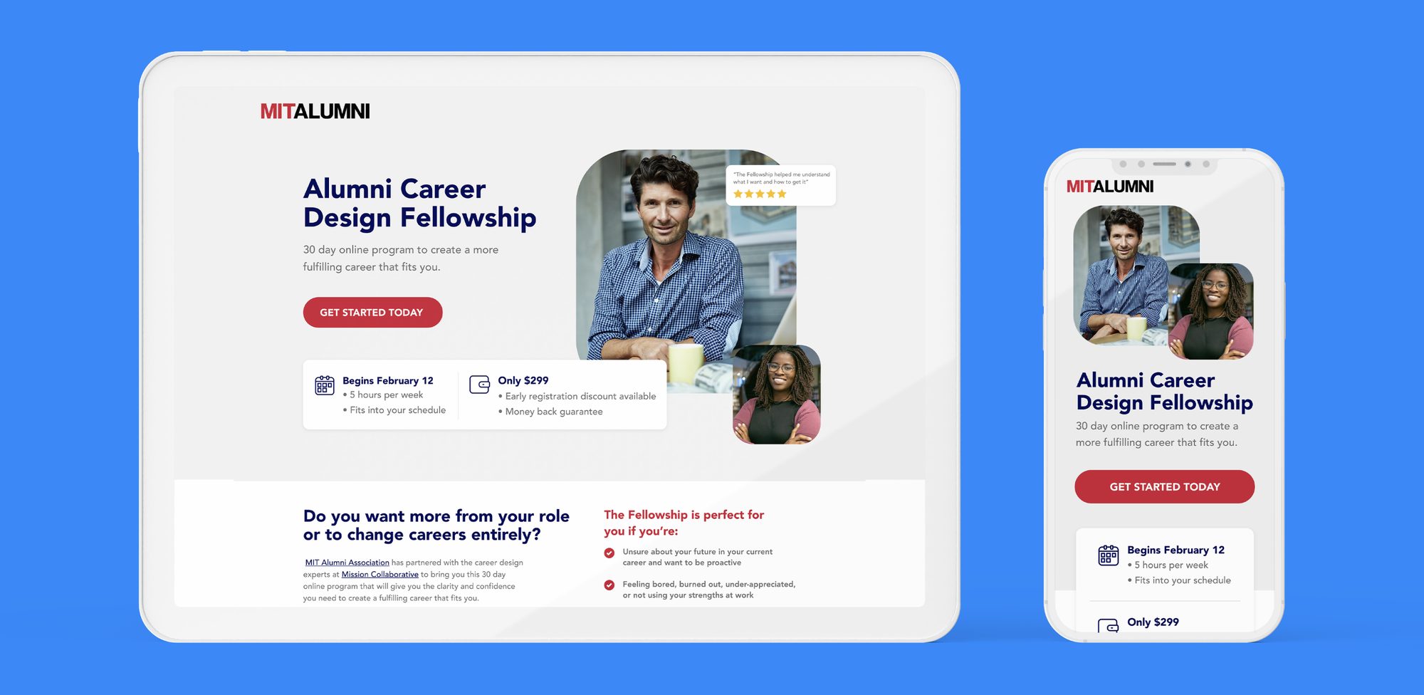 The MIT Alumni Career Design Fellowship page on desktop and phone