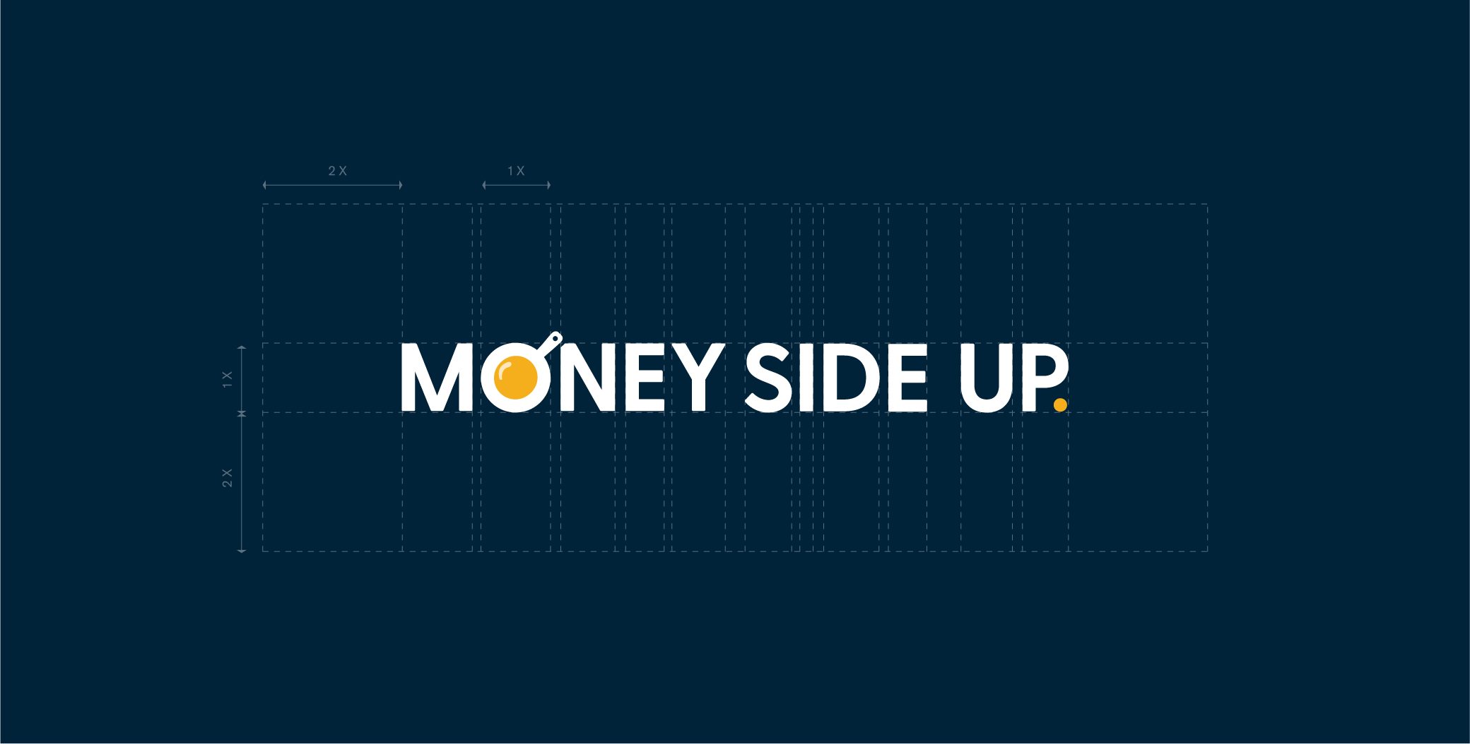 The Money Side Up wordmark on navy, over its construction grid