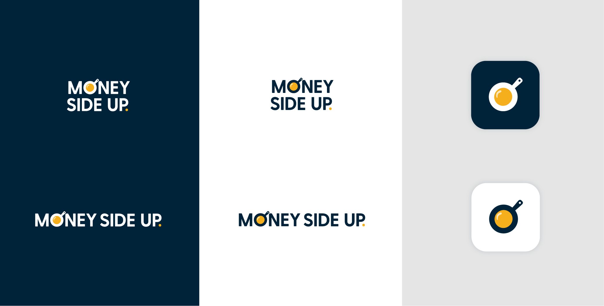 The Money Side Up logo on navy, white and grey, with its stacked version and the gold O as an icon