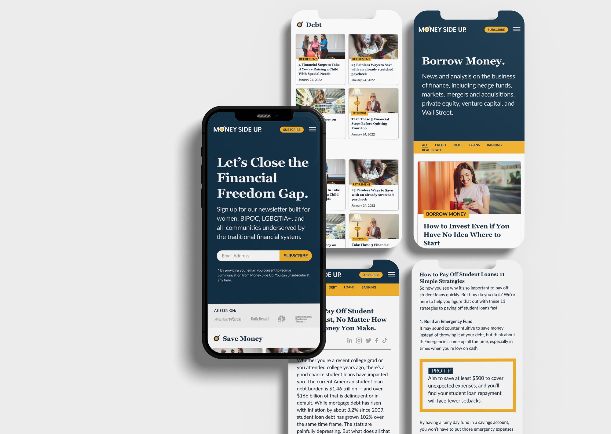 The Money Side Up site on a phone, with its article pages