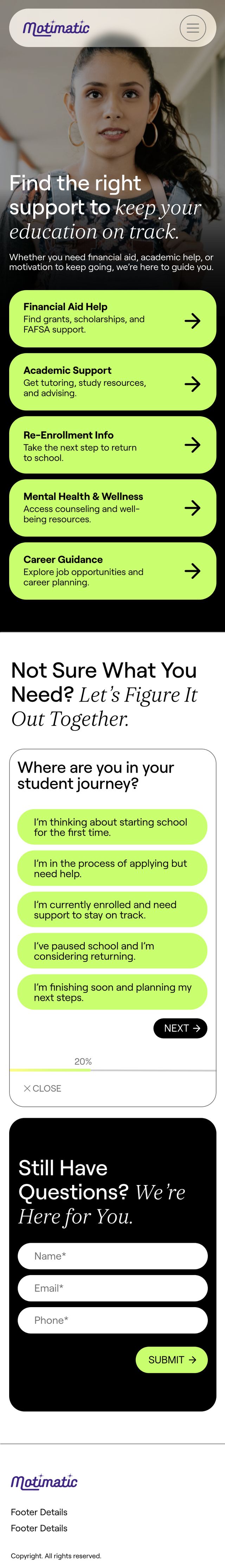 The student landing page in Motimatic’s own brand: the resource cards, then the first question further down