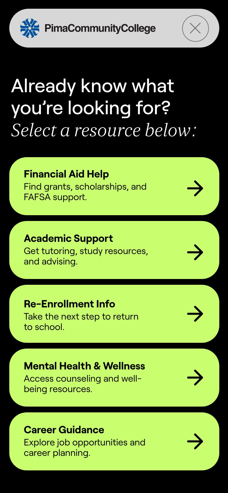 The Pima Community College version, menu open: already know what you’re looking for? Select a resource below
