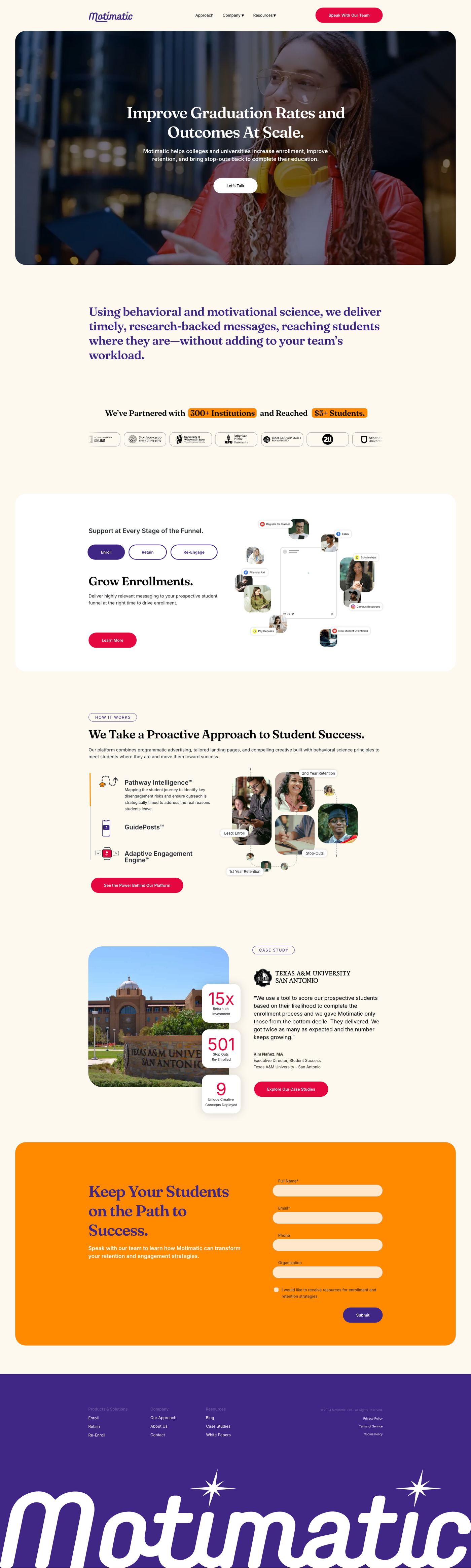 The Motimatic home page: improve graduation rates and outcomes at scale, partner institutions, support at every stage of the funnel, a proactive approach, a case study and a contact form