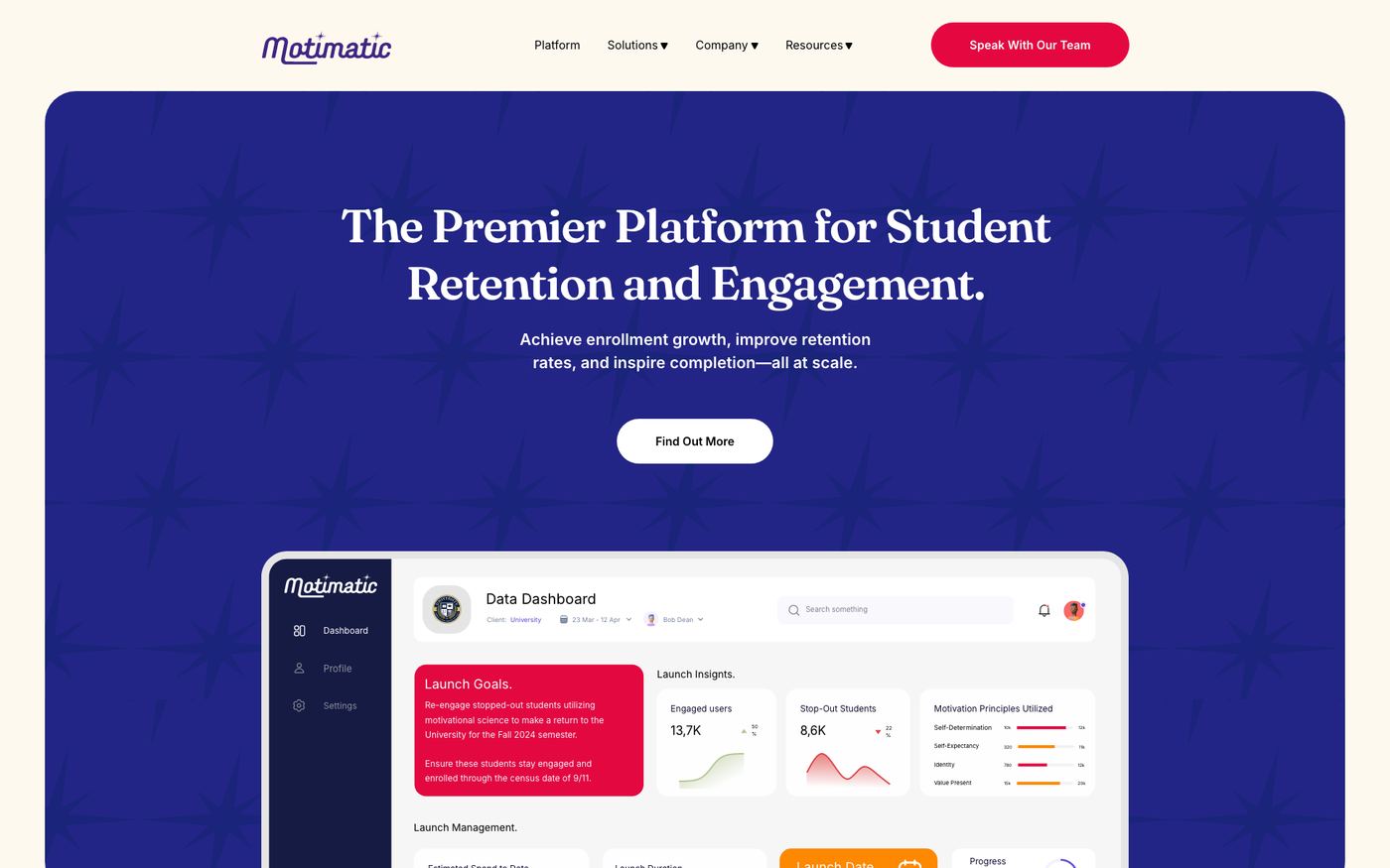 The platform page: the premier platform for student retention and engagement, with the dashboard