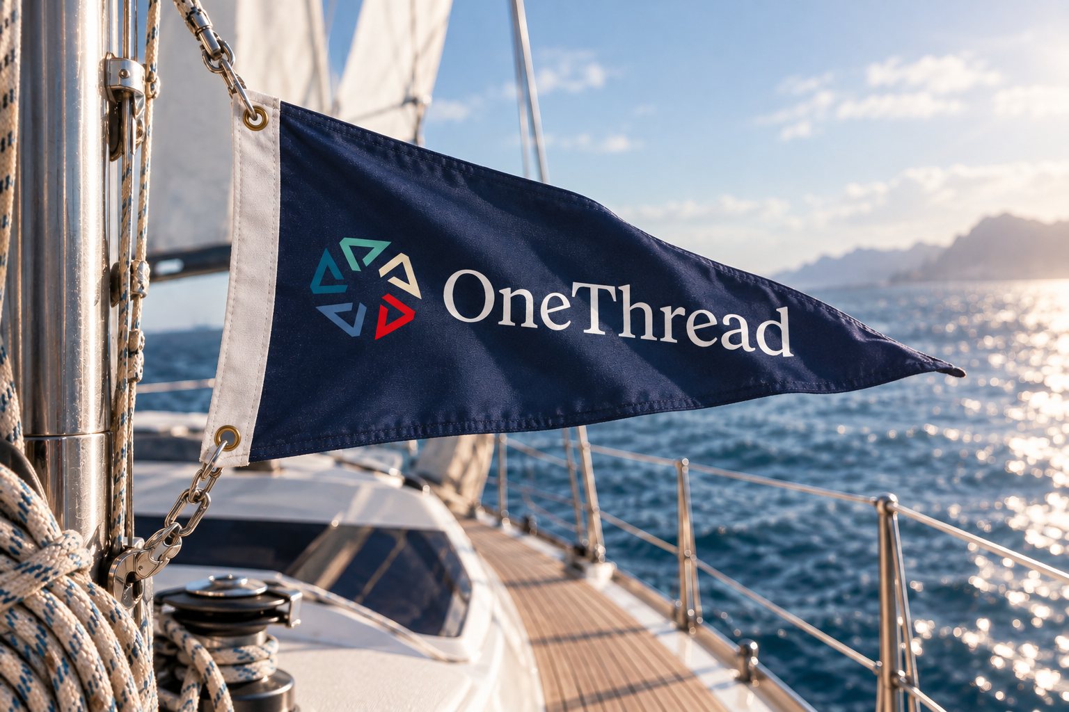 A navy OneThread burgee flying from the rigging of a yacht