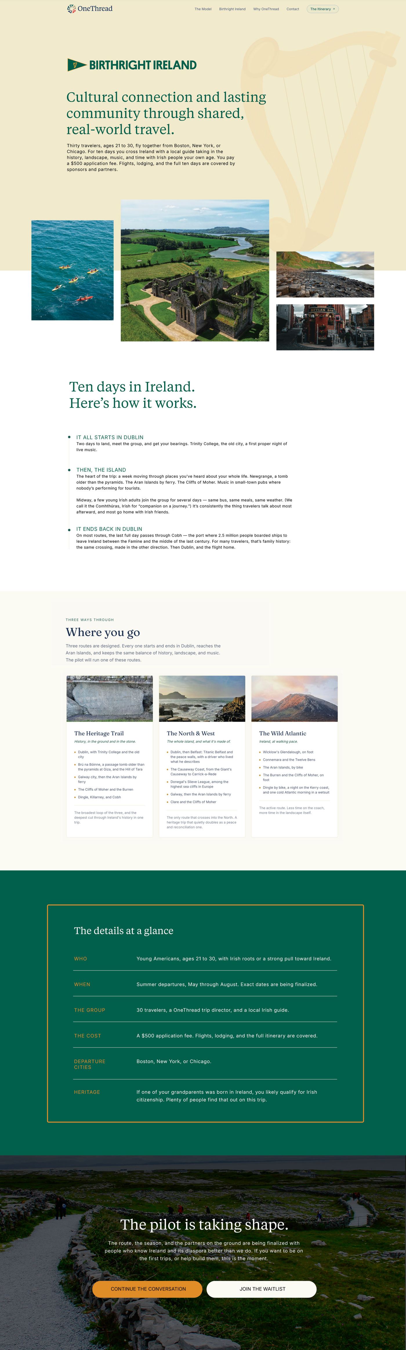 The Birthright Ireland program page: the pitch, ten days in Ireland, three routes, the details at a glance