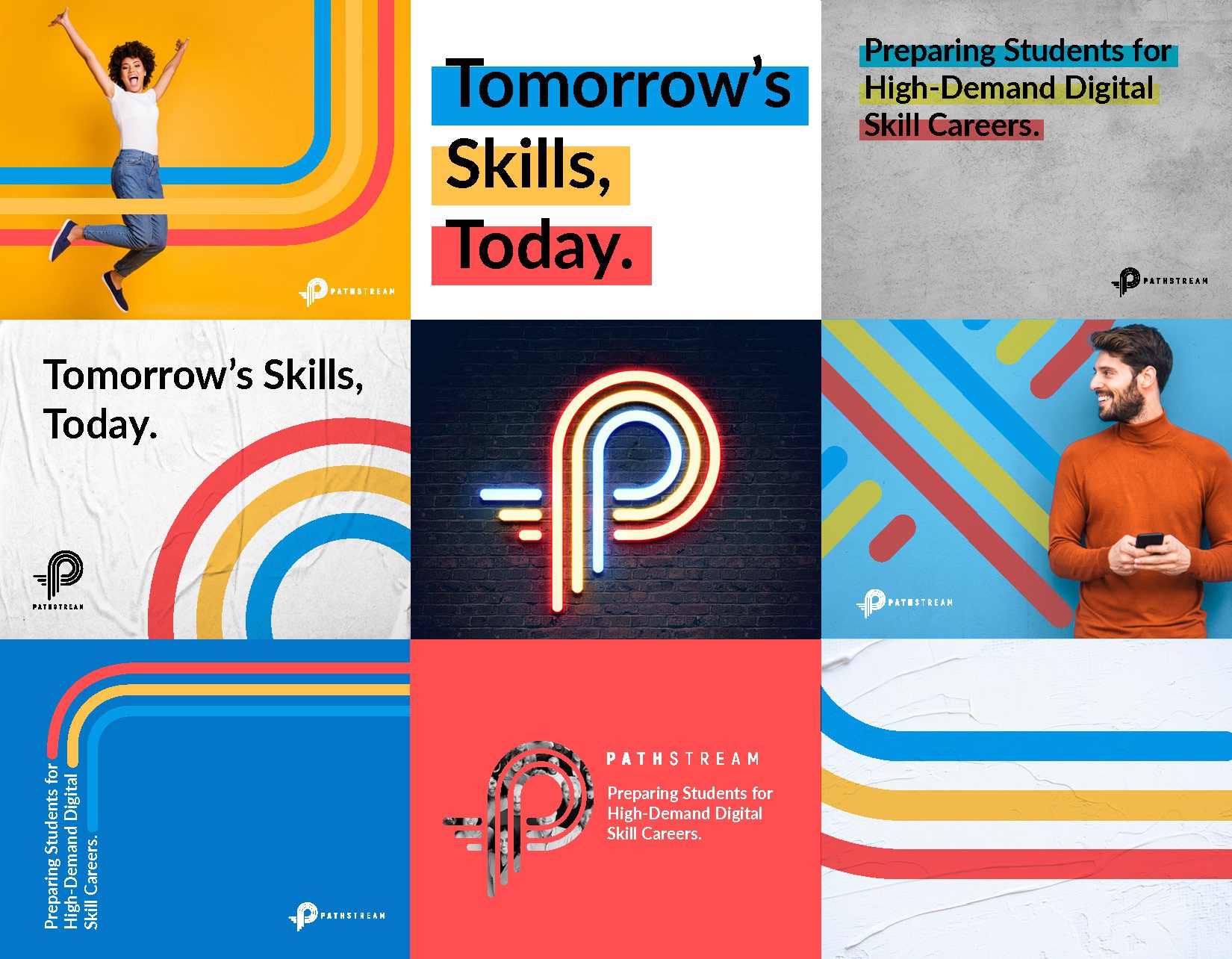 The Pathstream brand in use: tomorrow’s skills, today, on posters, photography and the P in neon