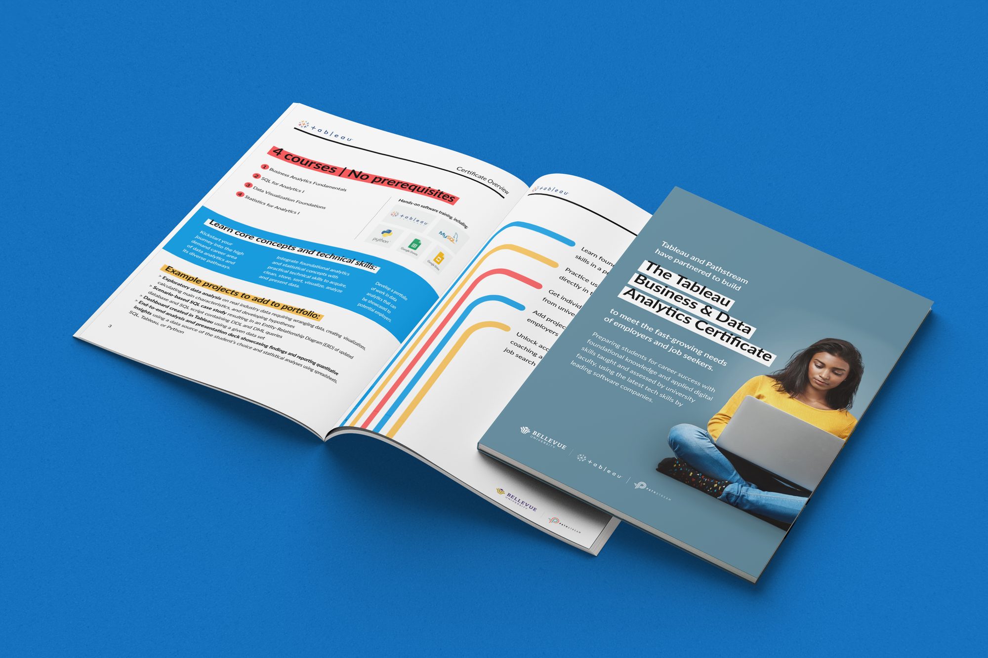 An open Pathstream brochure on blue