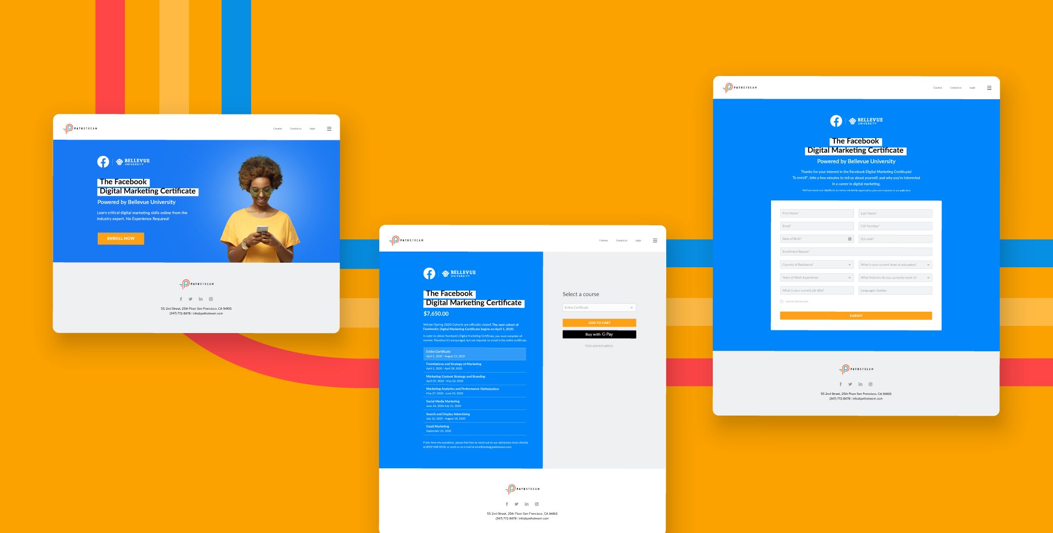 Pathstream pages on desktop and phone, on yellow