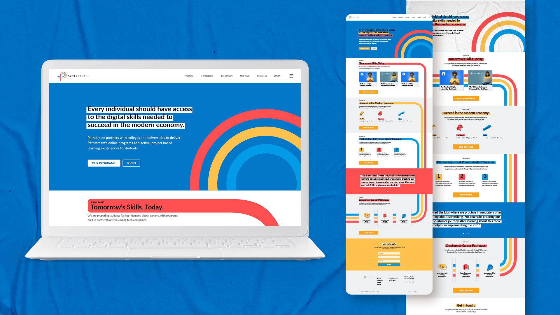 The Pathstream website on a laptop, with more of its pages beside it