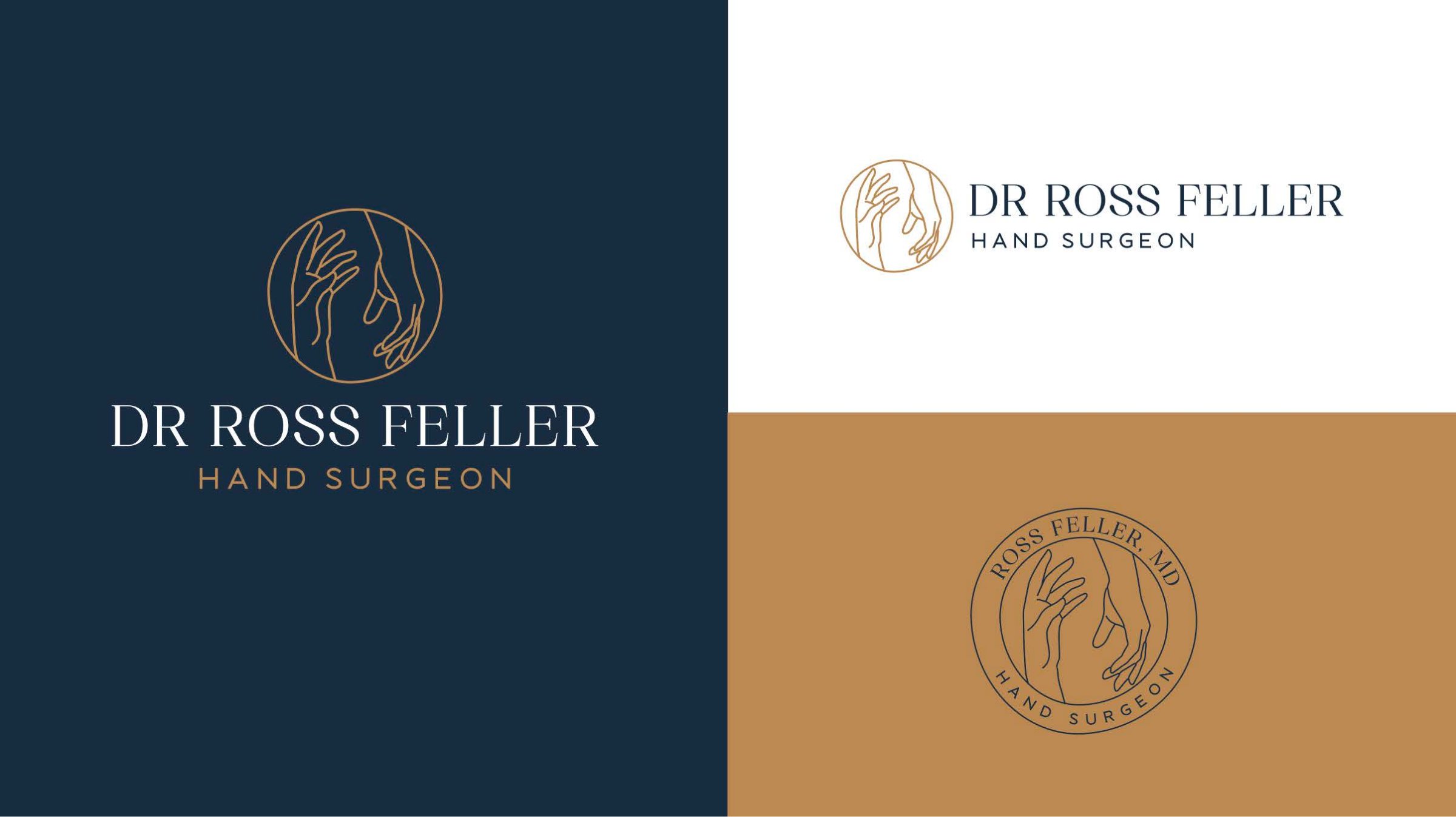 The Dr Ross Feller logo three ways: on navy, on white, and as a round seal on copper