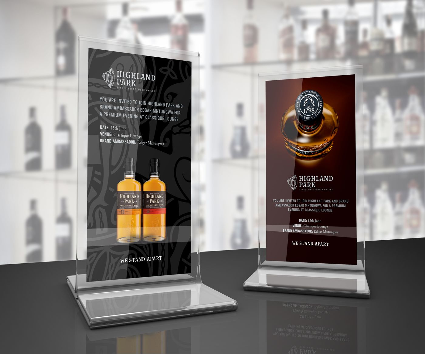 Highland Park acrylic table stands on a bar