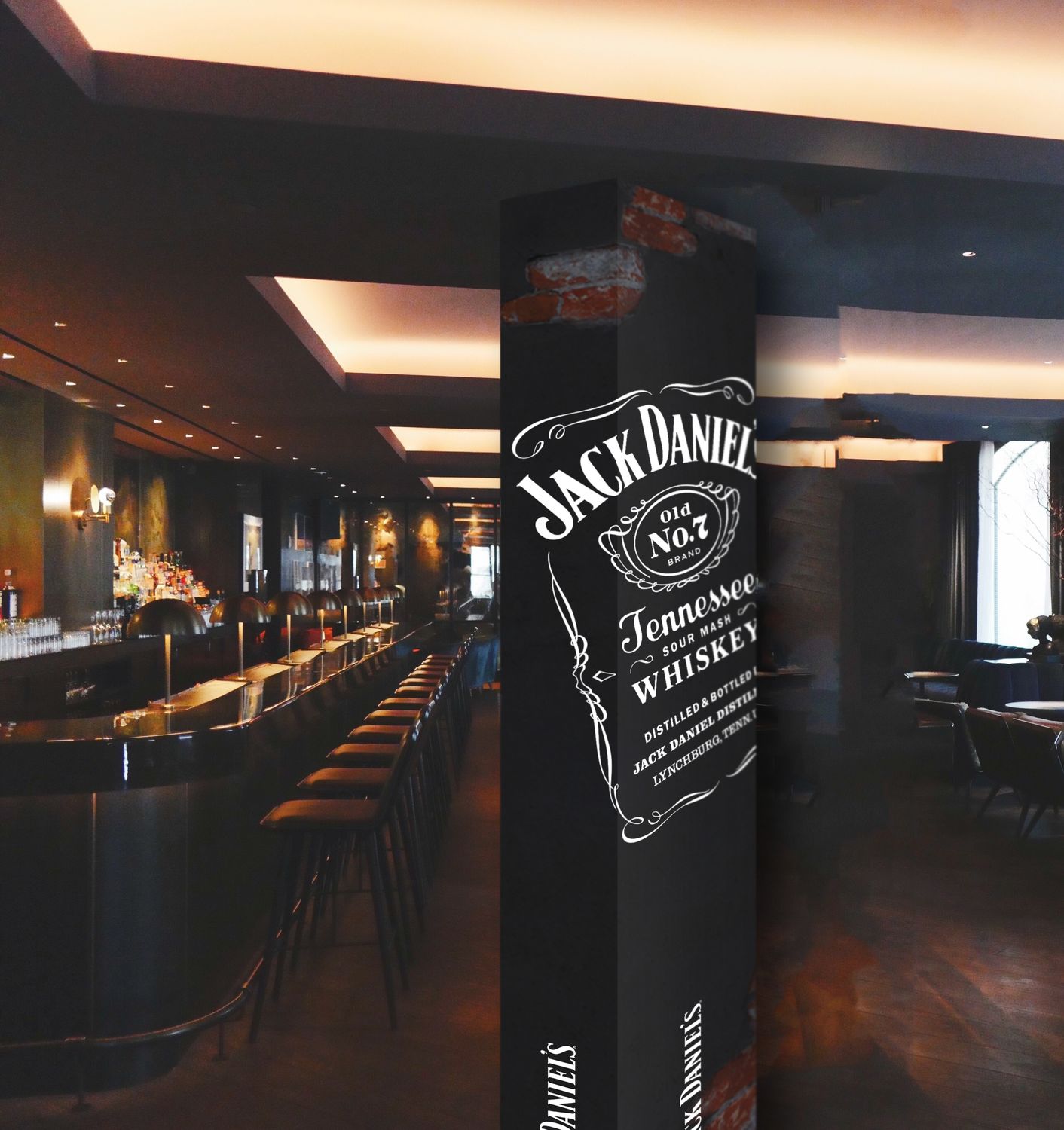 A Jack Daniel’s column wrap in a dark bar