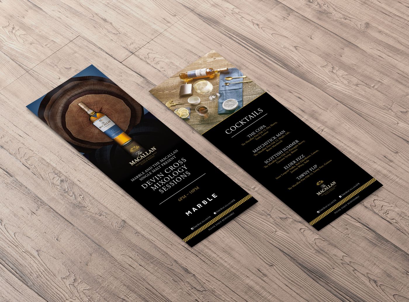 Macallan cards for a mixology session and its cocktails