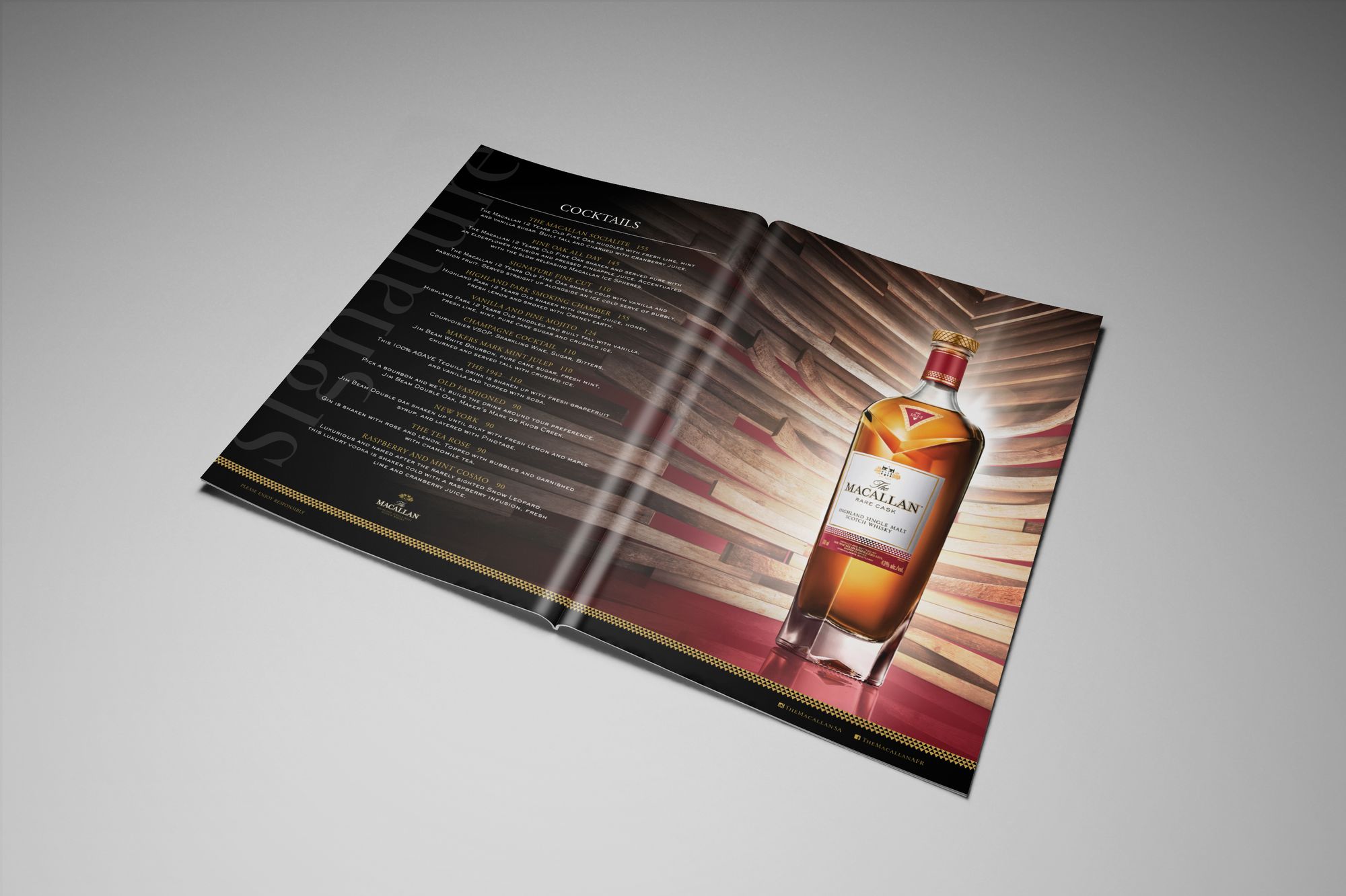 Macallan signature drinks menu, open on a spread with the bottle