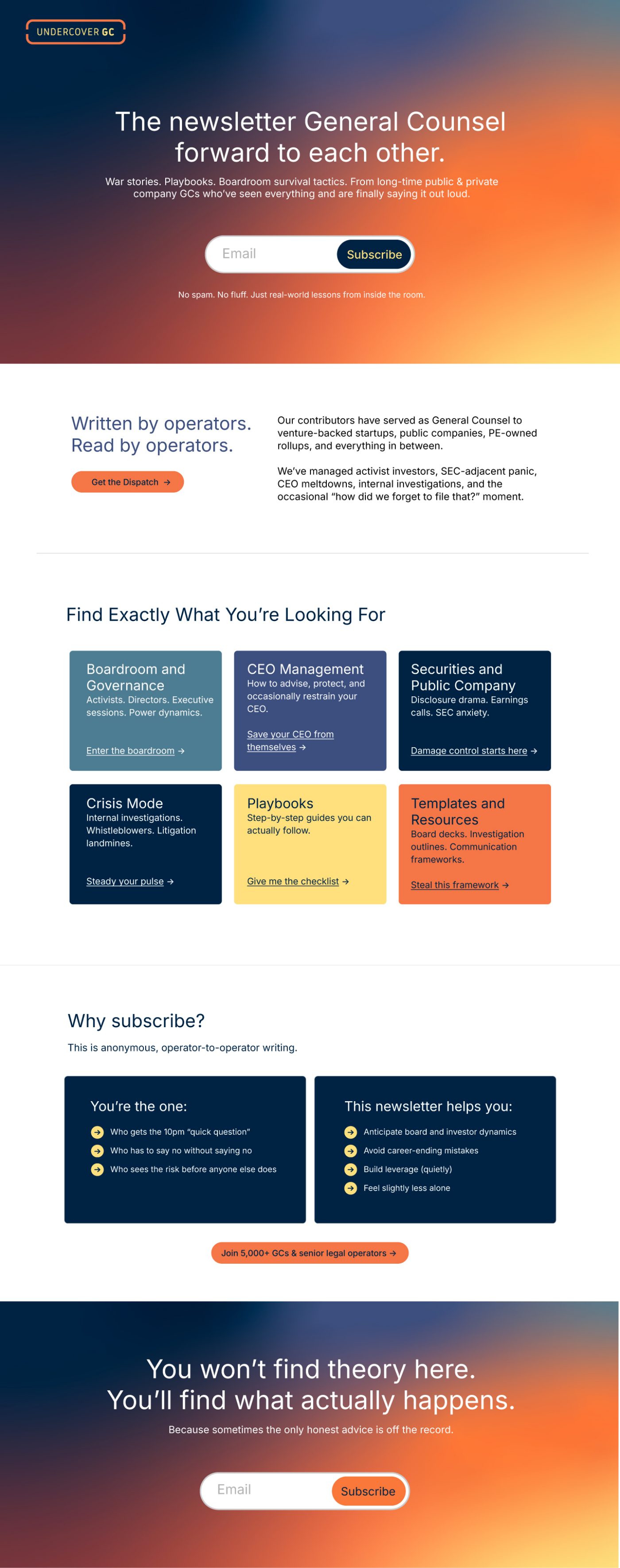 The Undercover GC landing page: the newsletter general counsel forward to each other, written by operators, six ways in, why subscribe, and the sign-up